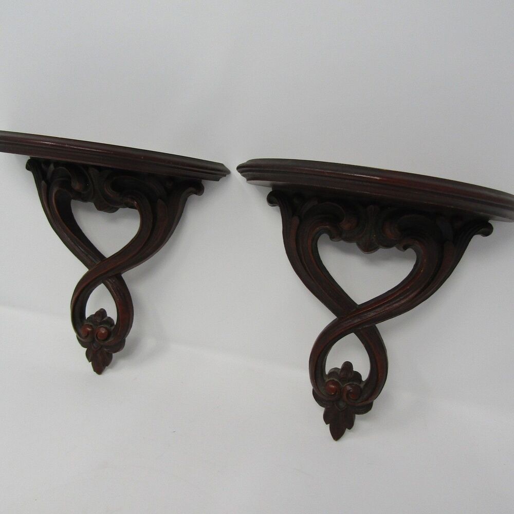 Vintage Syroco Wood Wall Shelves Sconce Pair Victorian Style Dark Mahogany 9"